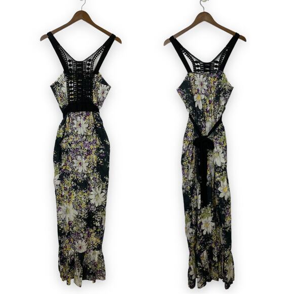 Hazel | Black & Purple Floral Swiss Dot Lace Smocked Tie Back Strappy Maxi Dress - Picture 1 of 4